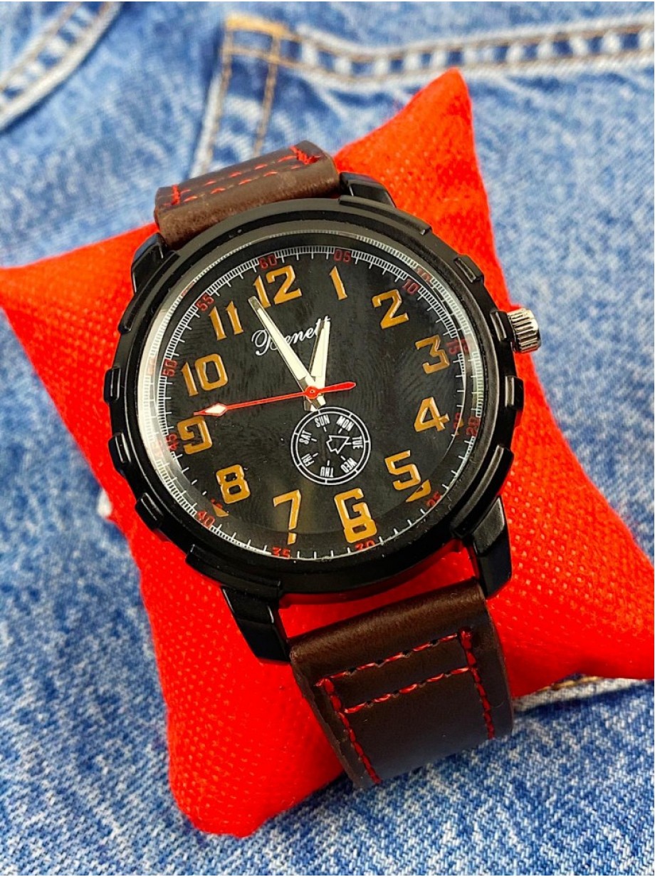 Ceas barbati casual maro cu cifre galbene si curea din piele ECO Benett