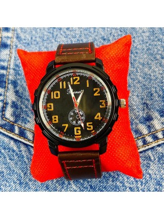 Ceas barbati casual maro cu cifre galbene si curea din piele ECO Benett