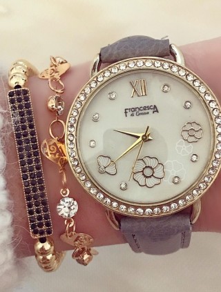 Ceas dama elegant gri cu imprimeu cu floare si curea din piele ECO Francesca