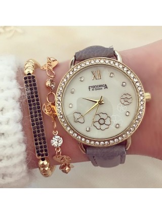 Ceas dama elegant gri cu imprimeu cu floare si curea din piele ECO Francesca