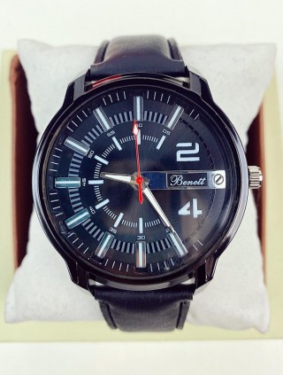 Ceas barbati casual negru cu cadran negru si curea din piele ECO Benett