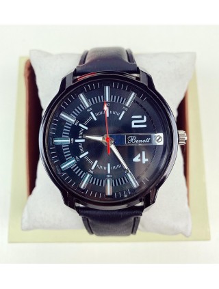 Ceas barbati casual negru cu cadran negru si curea din piele ECO Benett