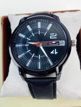 Ceas barbati casual negru cu cadran negru si curea din piele ECO Benett