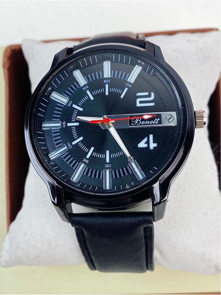 Ceas barbati casual negru cu cadran negru si curea din piele ECO Benett