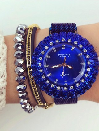 Ceas dama albastru bratara metalica si cadran albastru Francesca