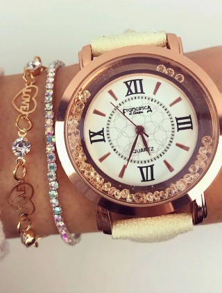 Ceas dama alb cu pietricele si cadran roze si curea din piele ECO Francesca