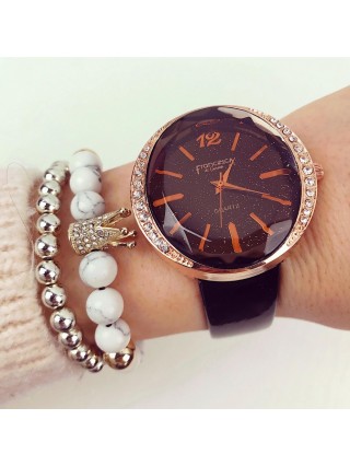  Ceas dama ieftin elegant negru cu pietricele si curea din piele ECO Francesca