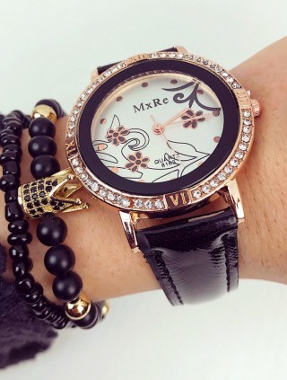 Ceas dama negru cu roze cu pietricele si curea din piele ECO MxRe