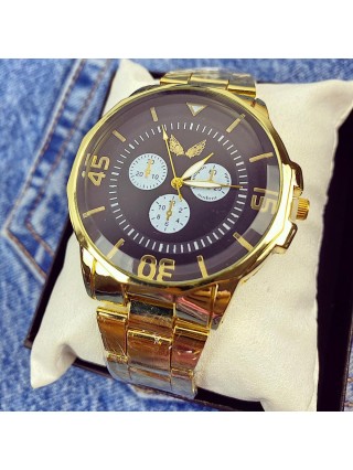 Ceas barbat ieftin auriu cu cadran negru si curea metalica 