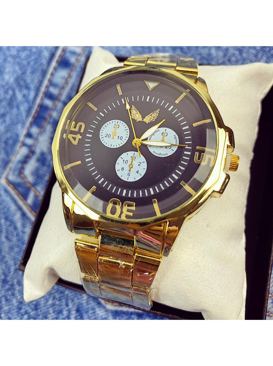 Ceas barbat ieftin auriu cu cadran negru si curea metalica 