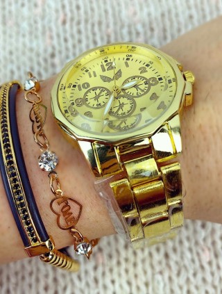 Ceas dama auriu cu cadran auriu cu linii subtiri si bratara metalica