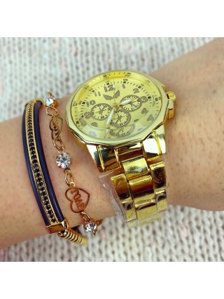 Ceas dama auriu cu cadran auriu cu linii subtiri si bratara metalica