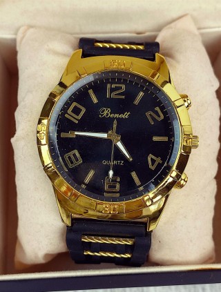 Ceas barbati casual bleumarin cu galben si curea din piele ECO Benett