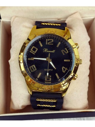 Ceas barbati casual bleumarin cu galben si curea din piele ECO Benett