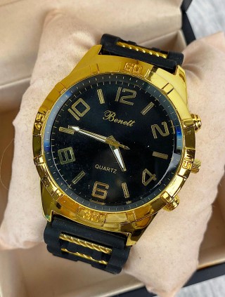 Ceas barbati casual bleumarin cu galben si curea din piele ECO Benett