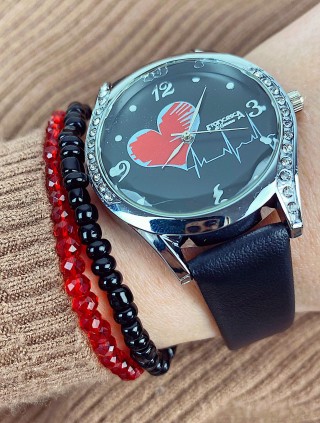 Ceas dama elegant negru cu pietricele si imprimeu inima si curea din piele ECO Francesca