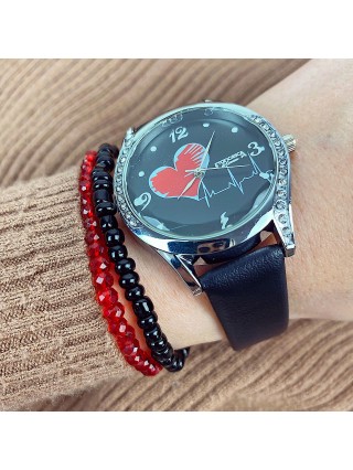 Ceas dama elegant negru cu pietricele si imprimeu inima si curea din piele ECO Francesca