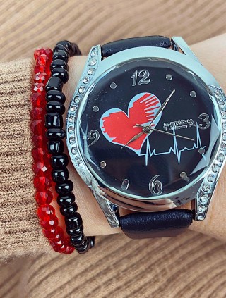 Ceas dama elegant negru cu pietricele si imprimeu inima si curea din piele ECO Francesca