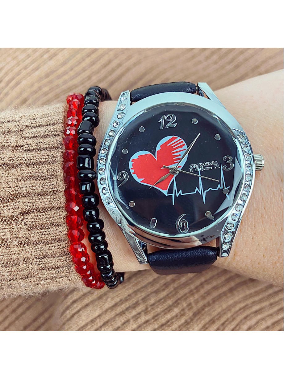 Ceas dama elegant negru cu pietricele si imprimeu inima si curea din piele ECO Francesca