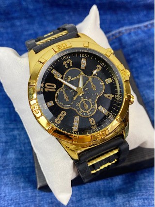 Ceas barbati casual negru cu galben si curea din piele ECO Benett