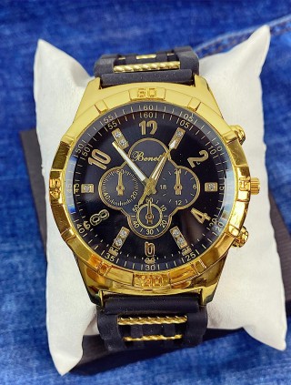 Ceas barbati casual negru cu galben si curea din piele ECO Benett