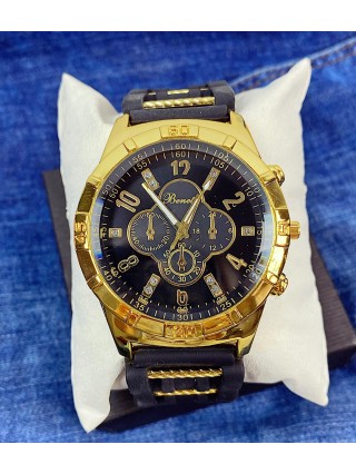 Ceas barbati casual negru cu galben si curea din piele ECO Benett