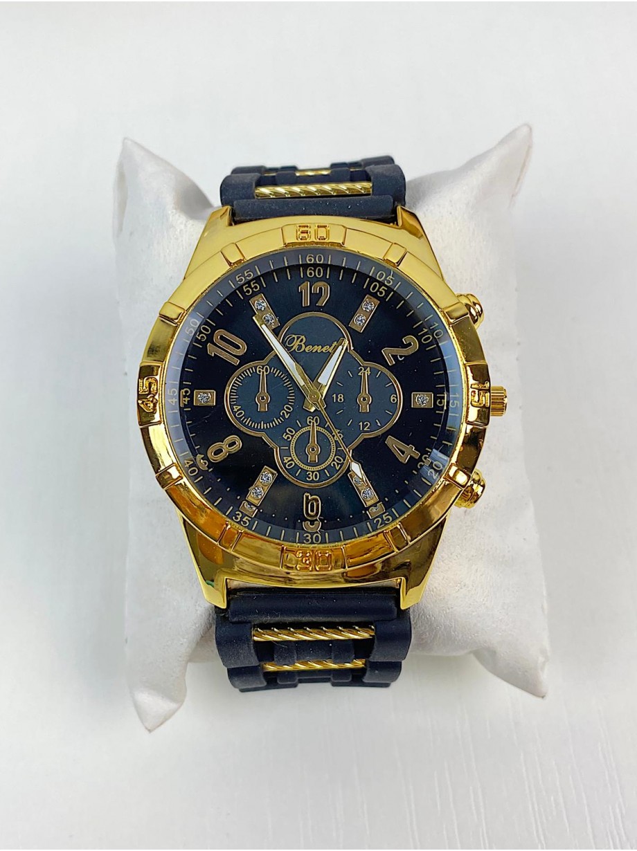 Ceas barbati casual negru cu galben si curea din piele ECO Benett