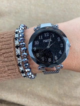 Ceas dama argintiu cu sclipici pe cadran si bratara metalica Francesca