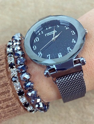 Ceas dama argintiu cu sclipici pe cadran si bratara metalica Francesca