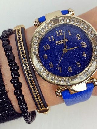 Ceas dama albastru si cadran auriu cu sclipici si curea din piele ECO Francesca