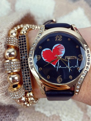 Ceas dama elegant negru cu auriu si imprimeu inima si curea din piele ECO Francesca