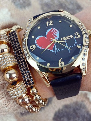 Ceas dama elegant negru cu auriu si imprimeu inima si curea din piele ECO Francesca