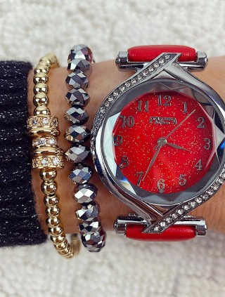 Ceas dama rosu si cadran argintiu cu sclipici si curea din piele ECO Francesca