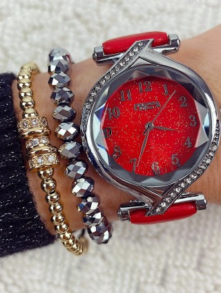 Ceas dama rosu si cadran argintiu cu sclipici si curea din piele ECO Francesca