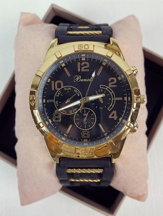 Ceas barbati casual negru cu galben si curea din piele ECO Benett