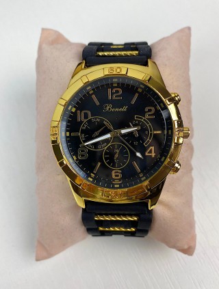 Ceas barbati casual negru cu galben si curea din piele ECO Benett