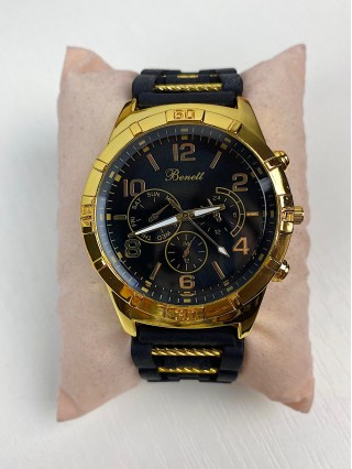 Ceas barbati casual negru cu galben si curea din piele ECO Benett