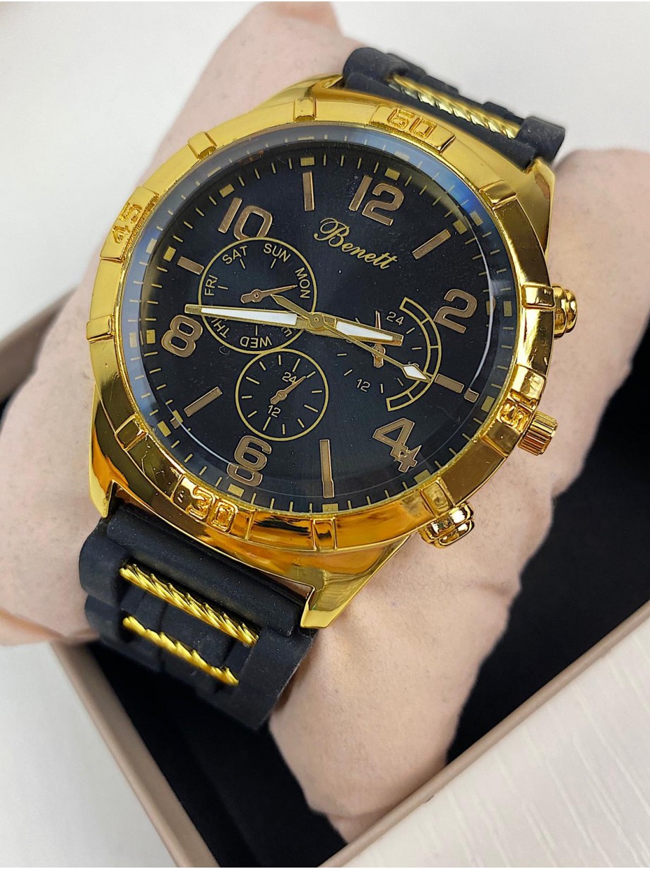 Ceas barbati casual negru cu galben si curea din piele ECO Benett