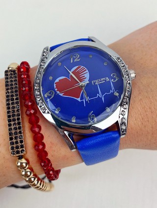 Ceas dama elegant albastru cu argintiu si imprimeu inima si curea din piele ECO Francesca