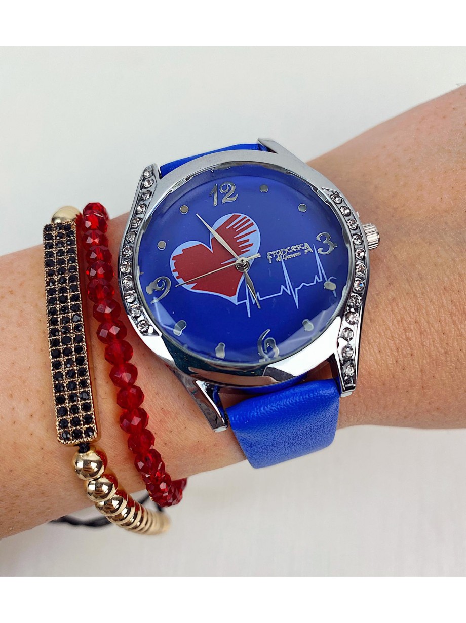 Ceas dama elegant albastru cu argintiu si imprimeu inima si curea din piele ECO Francesca