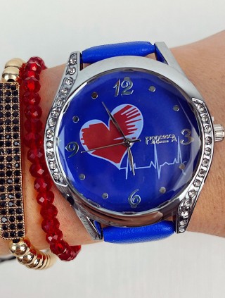 Ceas dama elegant albastru cu argintiu si imprimeu inima si curea din piele ECO Francesca