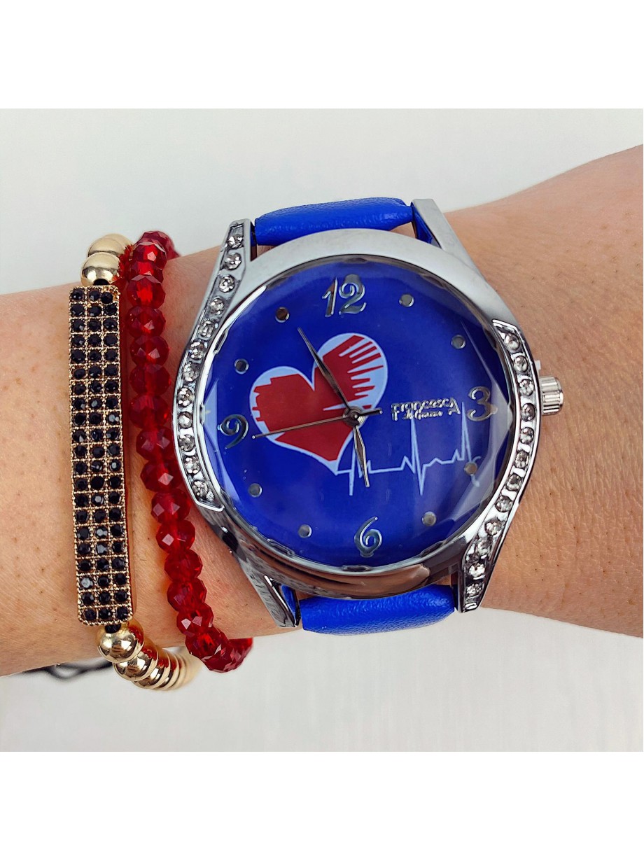 Ceas dama elegant albastru cu argintiu si imprimeu inima si curea din piele ECO Francesca
