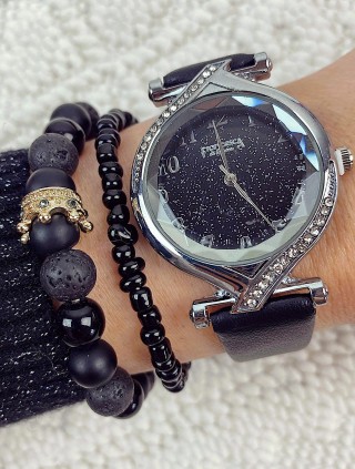 Ceas dama negru si cadran argintiu cu sclipici si curea din piele ECO Francesca