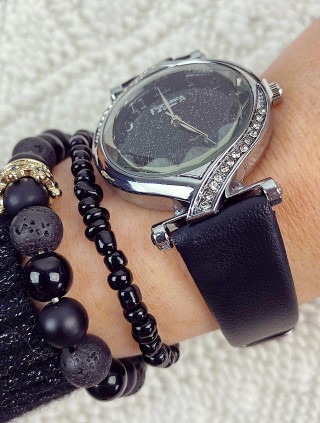 Ceas dama negru si cadran argintiu cu sclipici si curea din piele ECO Francesca