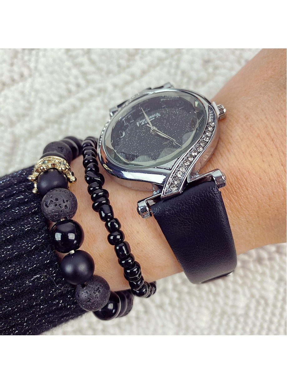 Ceas dama negru si cadran argintiu cu sclipici si curea din piele ECO Francesca