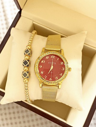 Ceas dama auriu cu bratara metalica si cadran rosu