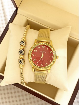 Ceas dama auriu cu bratara metalica si cadran rosu