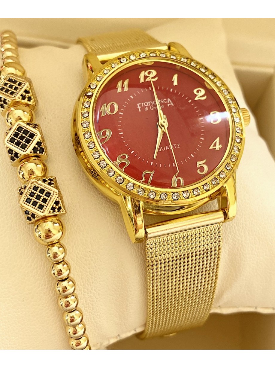 Ceas dama auriu cu bratara metalica si cadran rosu