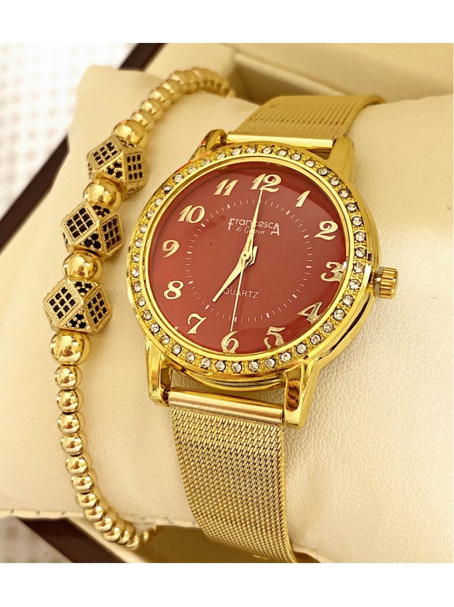 Ceas dama auriu cu bratara metalica si cadran rosu