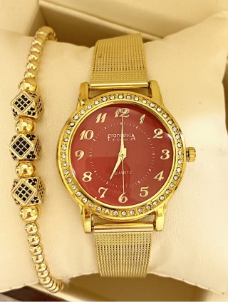 Ceas dama auriu cu bratara metalica si cadran rosu